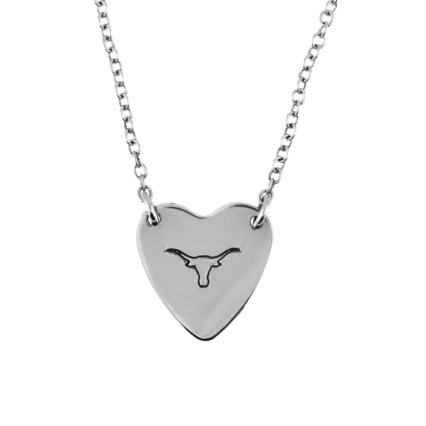 Silver heart-shaped necklace with a longhorn symbol on a white background