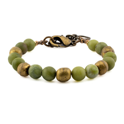 Front view of handmade Jade Yoga Bracelet with natural green jade stones and brass beads, crafted in Austin, Texas.