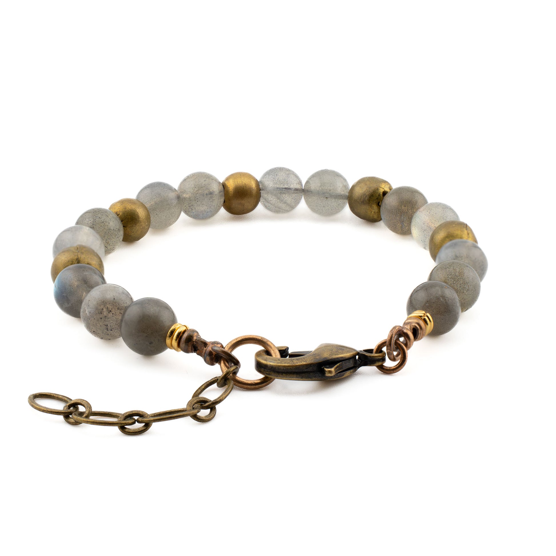 Back view of Labradorite Yoga Bracelet with brass hardware, artisan gemstone jewelry for yoga and mindfulness.