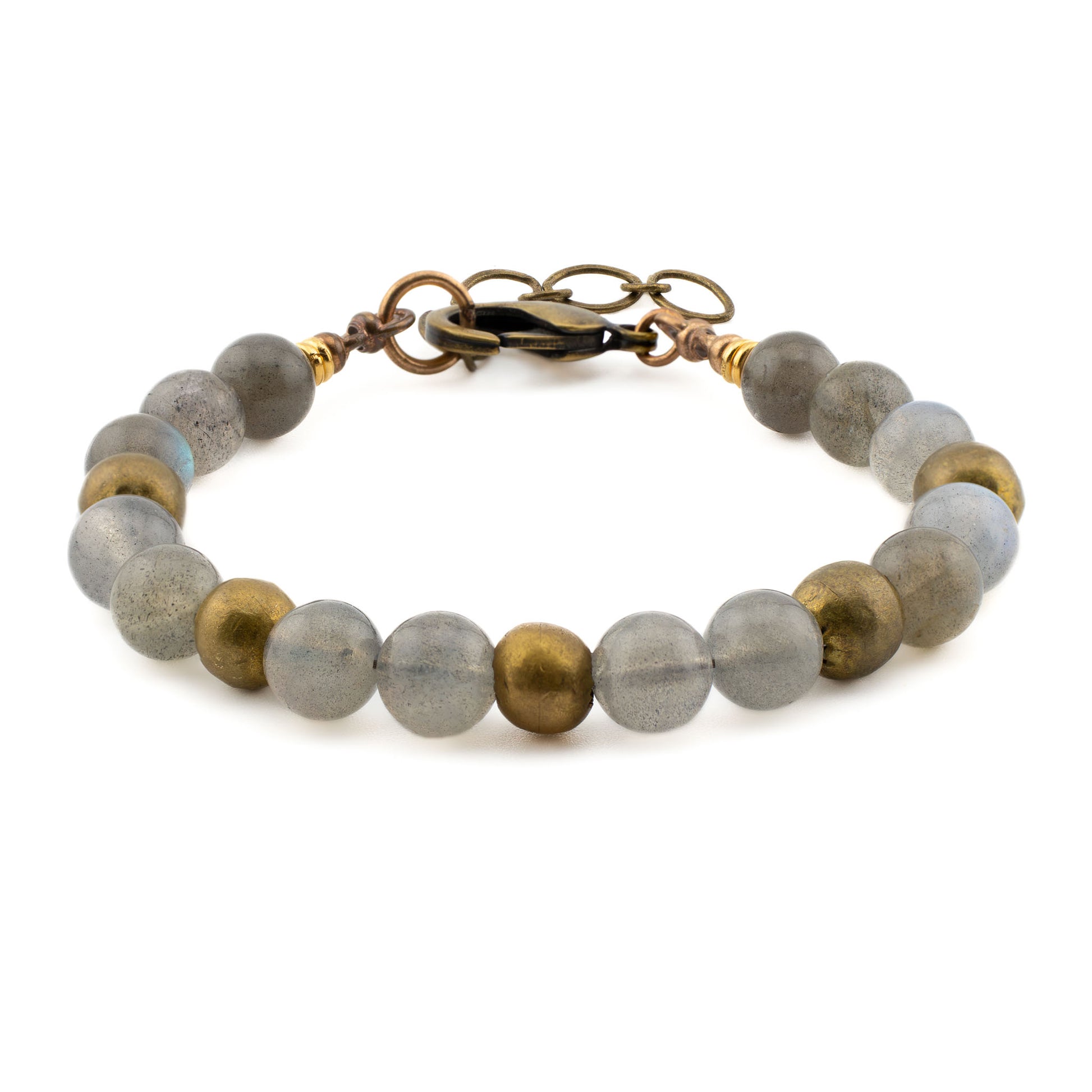Front view of handmade Labradorite Yoga Bracelet with natural labradorite stones and brass beads, crafted in Austin, Texas.