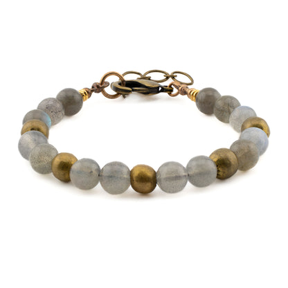 Front view of handmade Labradorite Yoga Bracelet with natural labradorite stones and brass beads, crafted in Austin, Texas.