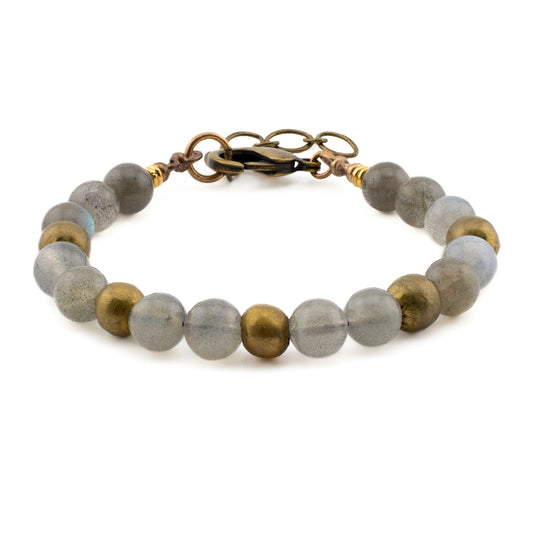 Front view of handmade Labradorite Yoga Bracelet with natural labradorite stones and brass beads, crafted in Austin, Texas.