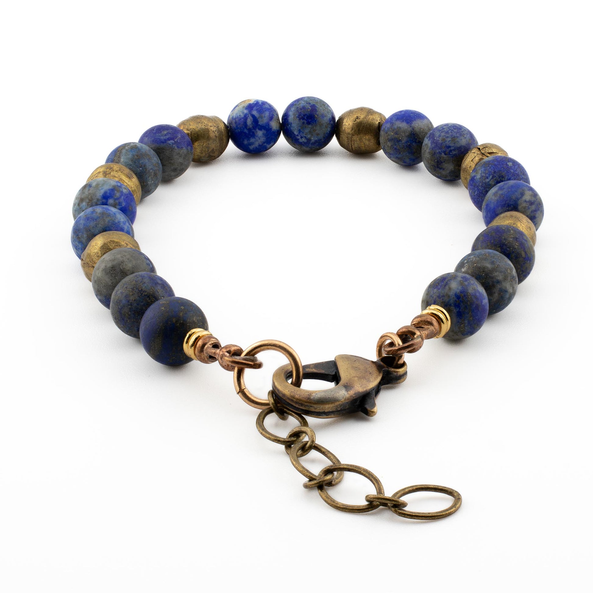 Back view of Lapis Lazuli Yoga Bracelet with brass hardware, artisan gemstone jewelry for yoga and mindfulness.
