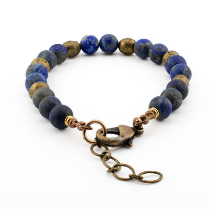 Back view of Lapis Lazuli Yoga Bracelet with brass hardware, artisan gemstone jewelry for yoga and mindfulness.