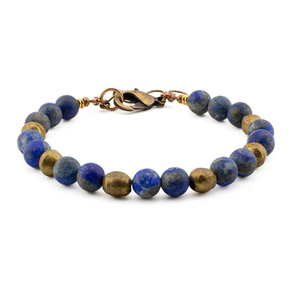 Front view of handmade Lapis Lazuli Yoga Bracelet with natural lapis lazuli stones and brass beads, crafted in Austin, Texas.