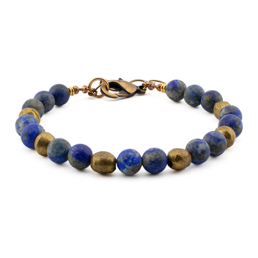 Front view of handmade Lapis Lazuli Yoga Bracelet with natural lapis lazuli stones and brass beads, crafted in Austin, Texas.
