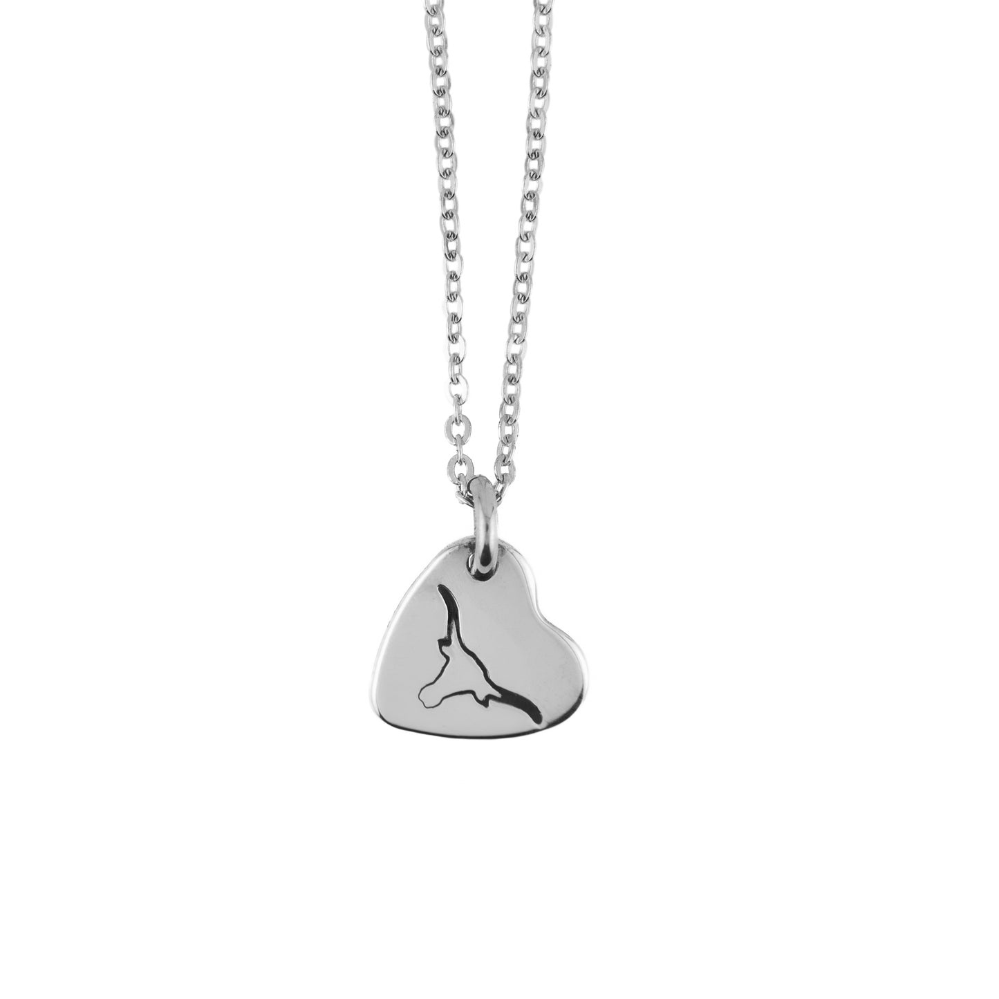 Silver necklace with a longhorn design on a heart-shaped pendant on a white background