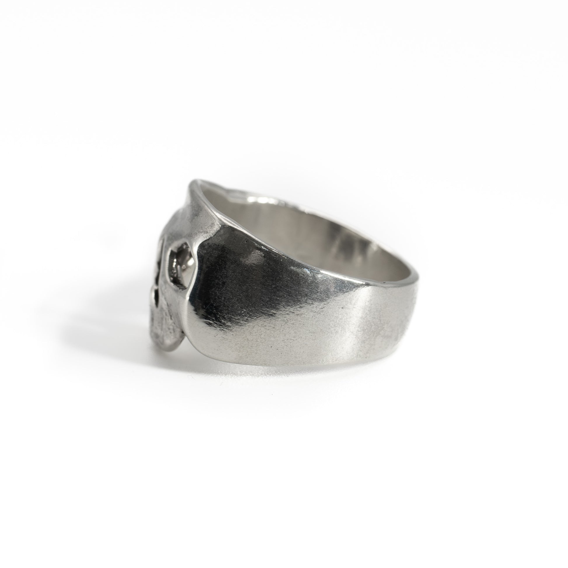 SIde angled view of Maxilla Skull Ring, sterling silver jewelry handmade in Austin, Texas
