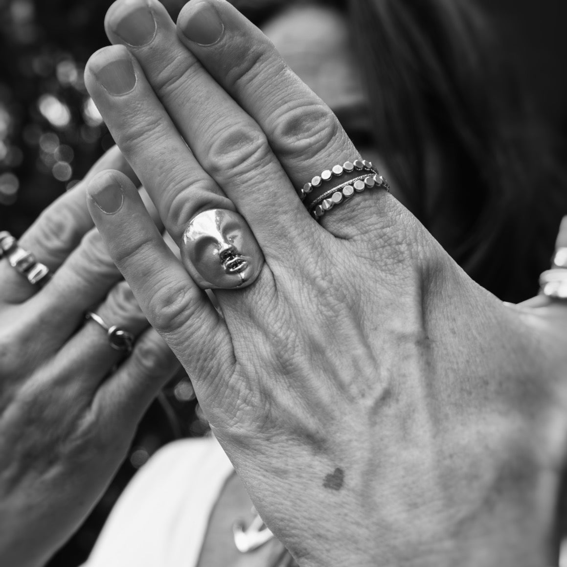Mother Ring in sterling silver worn on hand model