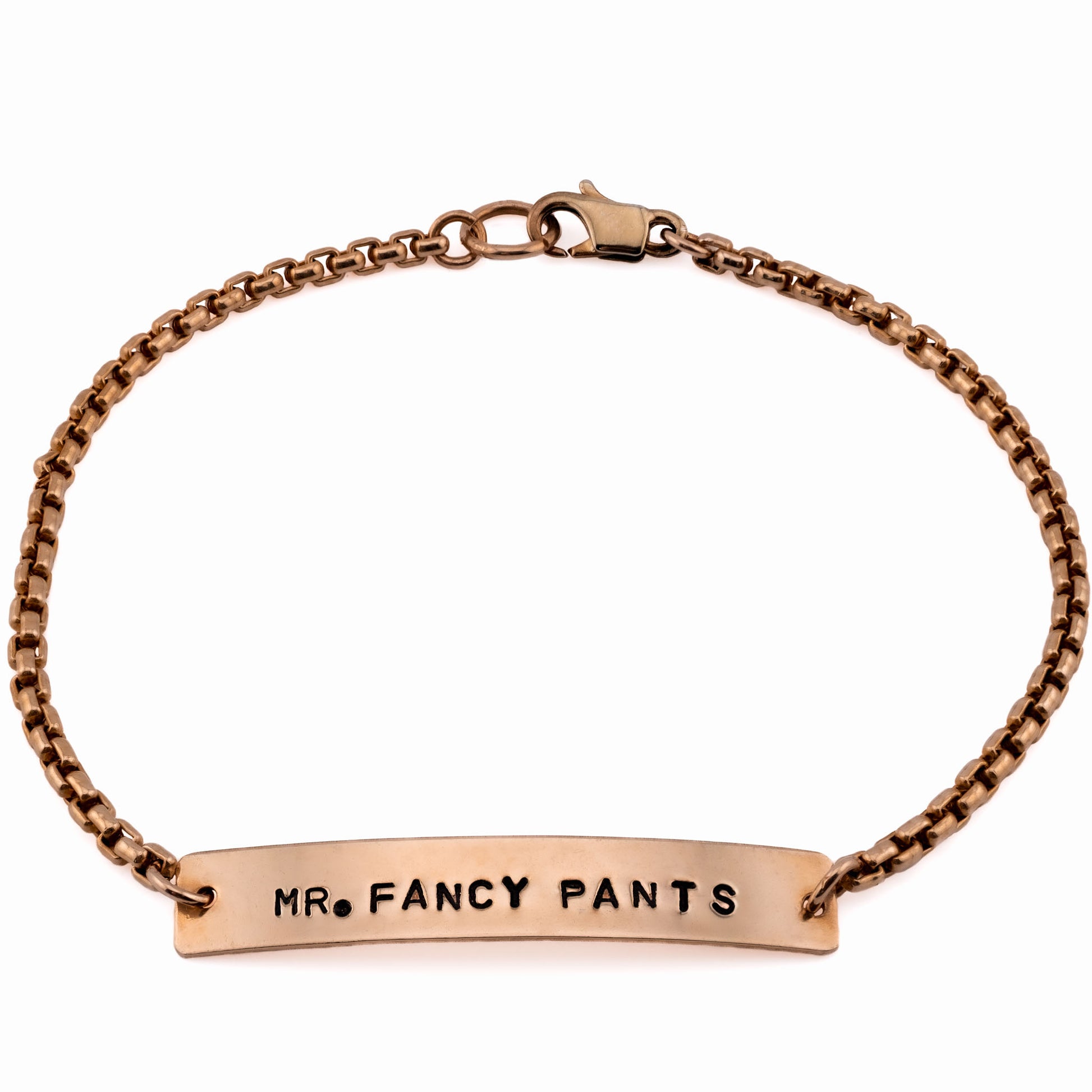 Handmade bronze bracelet stamped Mr Fancy Pants, made in Austin Texas, fun gifts for men
