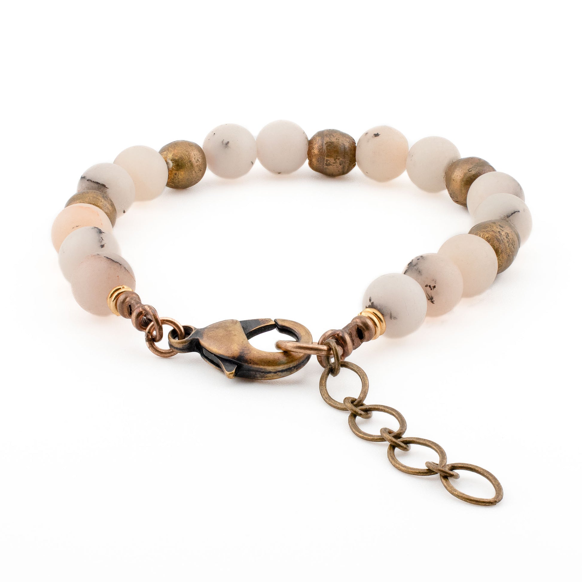 Back view of Pink Opal Yoga Bracelet showing sand cast brass beads and clasp, hand strung in Austin Texas, durable jewelry made in the USA