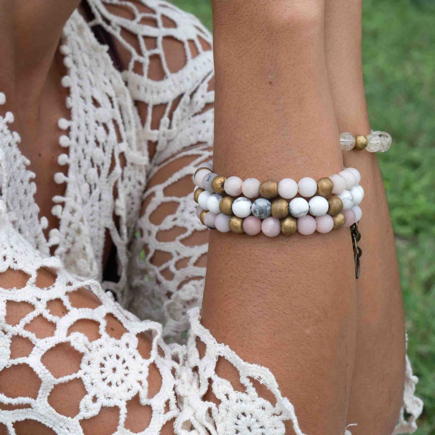 Pink Opal Yoga Bracelet on model wrist, hand strung in Austin Texas with natural pink opal stones, everyday meditation jewelry made in USA