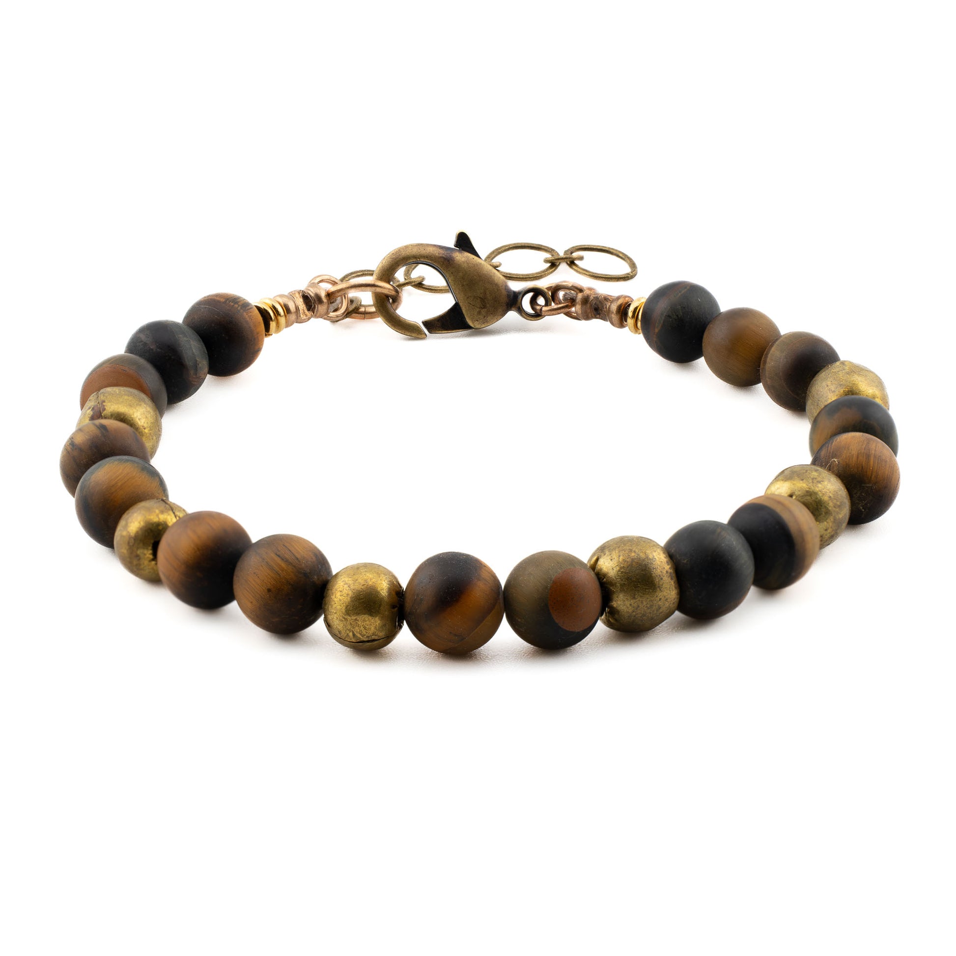 Front view of handmade Tiger’s Eye Yoga Bracelet with natural tiger’s eye stones and brass beads, crafted in Austin, Texas.