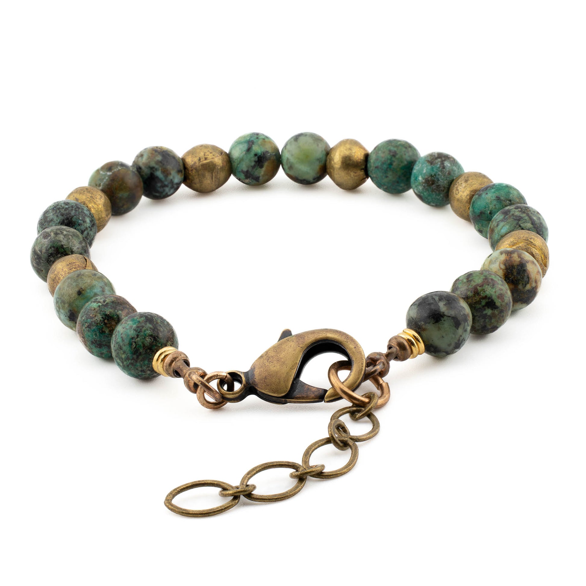 Back view of Turquoise Yoga Bracelet with brass hardware, artisan gemstone jewelry for yoga and mindfulness.