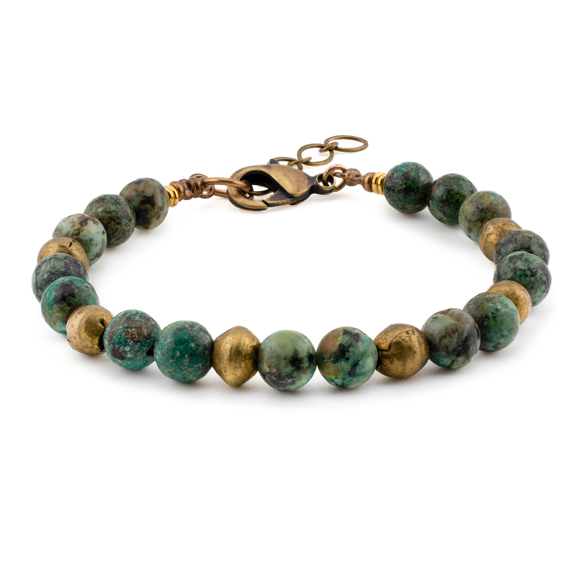 Front view of handmade Turquoise Yoga Bracelet with natural turquoise stones and brass beads, crafted in Austin, Texas.